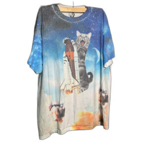 Gildan XL Cat Rocket Launch Space Graphic Tee Funny Galaxy Shirt Unisex